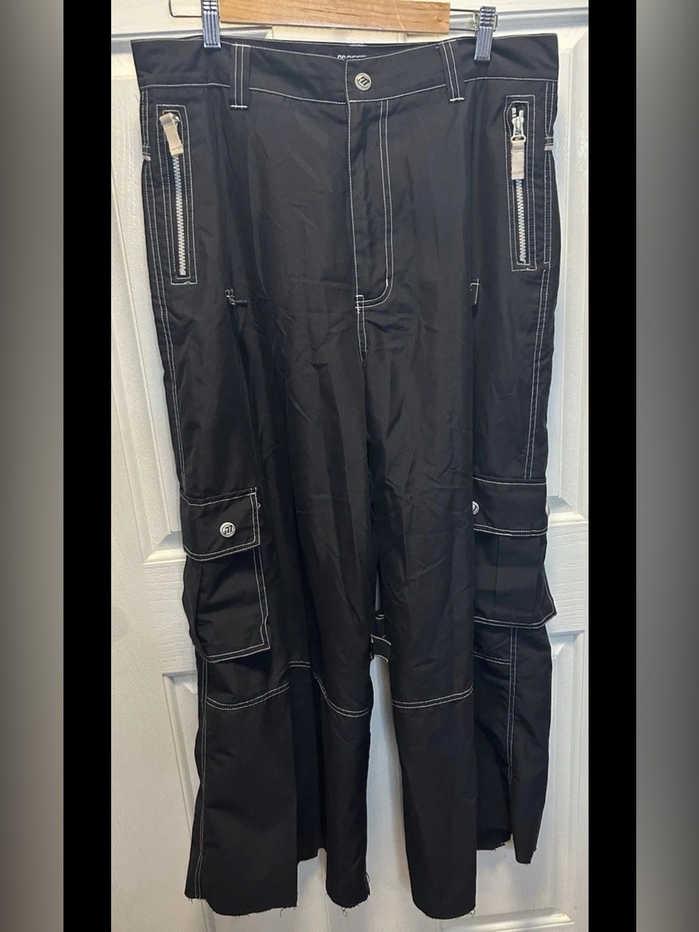 VTG MacGear Y2K Wide Leg Raver Pants Black Contrast Stitch Zip Cuff Size 34